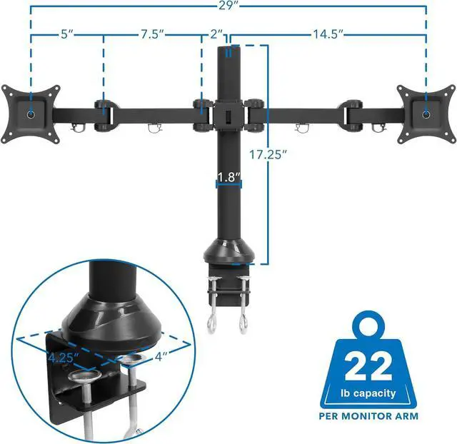 Alt view image 7 of 7 - Mount-It! Dual Monitor Mount | Double Monitor Desk Stand | Fits 2 Computer Screens 19 20 21 22 23 24 27 Inches | C-Clamp and Grommet Base | Heavy Duty Full Motion Arms | VESA 75 100 Compatible