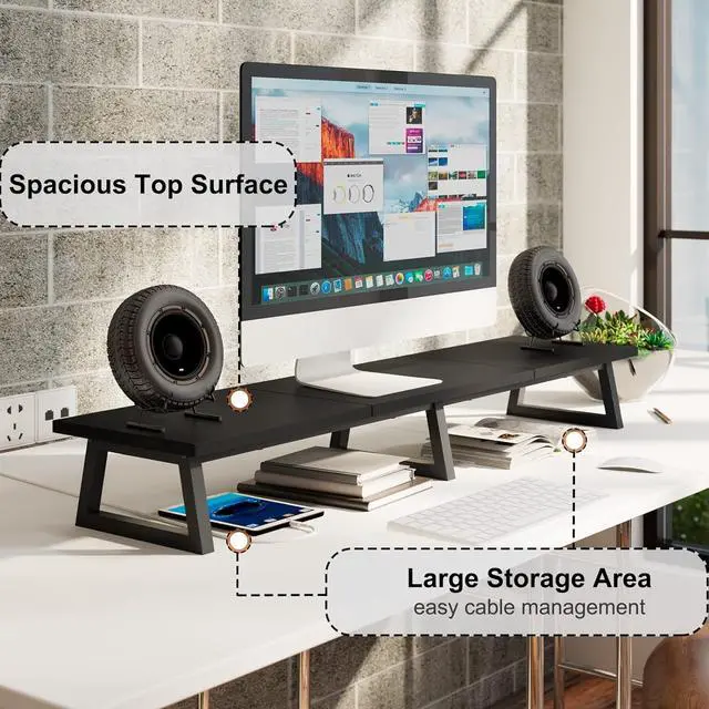 Alt view image 3 of 6 - TEAMIX Black 42 inch Dual Monitor Riser,Wood and Steel Long Monitor Stand for 2 Monitors with Storage Large TV Riser Computer Laptop Stand for Desk Office Organization