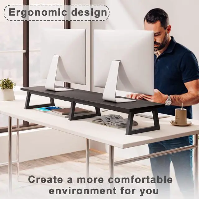 Alt view image 2 of 6 - TEAMIX Black 42 inch Dual Monitor Riser,Wood and Steel Long Monitor Stand for 2 Monitors with Storage Large TV Riser Computer Laptop Stand for Desk Office Organization