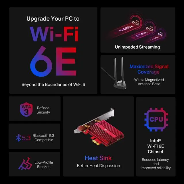 Alt view image 2 of 7 - TP-Link WiFi 6E Intel AX210 AXE5400 PCIe WiFi Card for PC Archer TXE75E- Tri Band Wireless Adapter for Desktop PC w/Magnetic Base Dual Antenna, Bluetooth 5.3(USB Port), WPA3, MU-MIMO, OFDMA, 802.11ax
