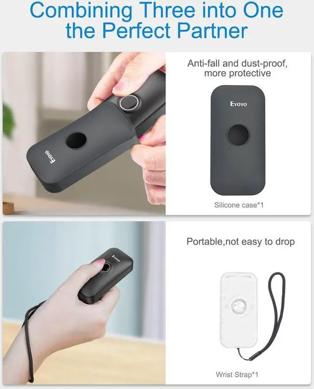 Alt view image 2 of 7 - Eyoyo Mini 1D Bluetooth Barcode Scanner with Case, 3-in-1 Bluetooth & USB Wired & 2.4G Wireless Barcode Reader Portable Bar Code Scanning Work with Windows, Android, iOS, Tablets or Computers(Black)