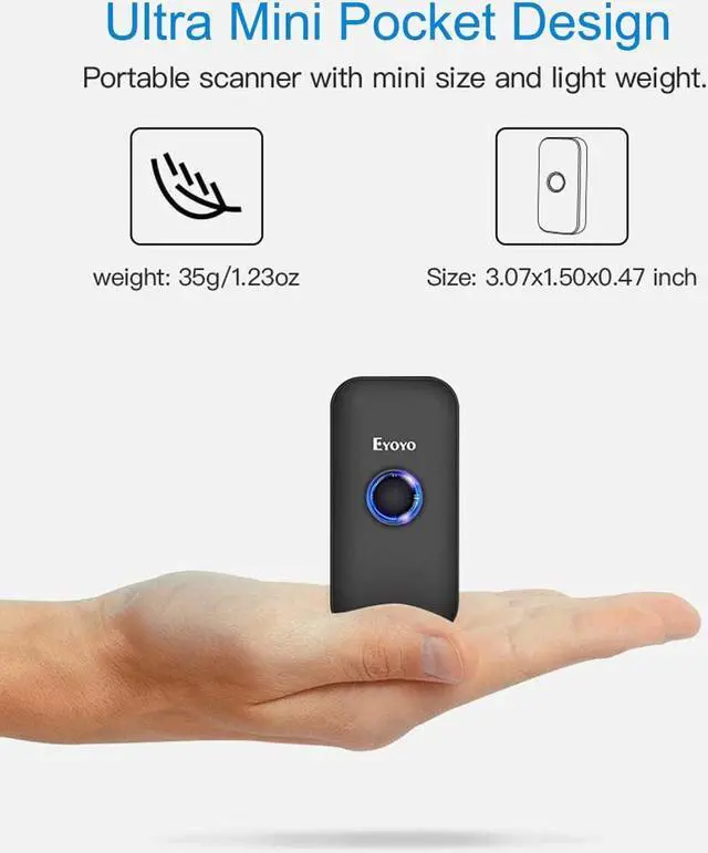 Alt view image 3 of 7 - Eyoyo Mini 1D Bluetooth Barcode Scanner with Case, 3-in-1 Bluetooth & USB Wired & 2.4G Wireless Barcode Reader Portable Bar Code Scanning Work with Windows, Android, iOS, Tablets or Computers(Black)