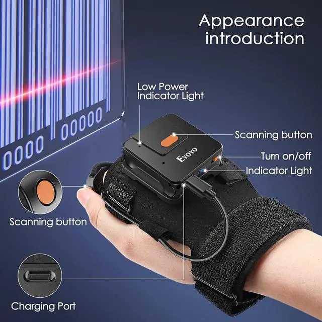 Alt view image 3 of 7 - Eyoyo Wearable Glove Ring Bluetooth Barcode Scanner, Left&Right Hand Wearable,1D Finger Trigger Wireless Bar Code Reader Inventory with Retractable Lanyard Compatible with iPhone iPad Android Tablet