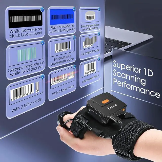 Alt view image 5 of 7 - Eyoyo Wearable Glove Ring Bluetooth Barcode Scanner, Left&Right Hand Wearable,1D Finger Trigger Wireless Bar Code Reader Inventory with Retractable Lanyard Compatible with iPhone iPad Android Tablet