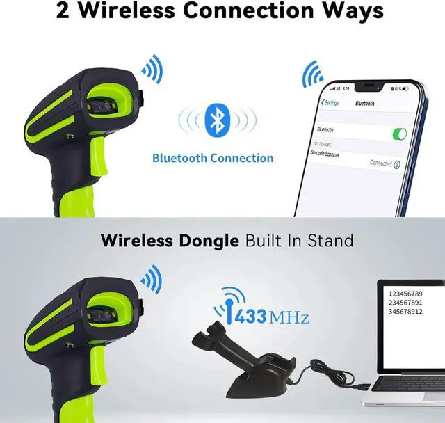 Alt view image 6 of 6 - Upgraded 2D Industrial Barcode Scanner with Wireless Charging Stand, 1968 Feet Transmission Distance 433Mhz Wireless & Bluetooth 2in1 Barcode Reader, Shock Dust Proof Hands Free, Green