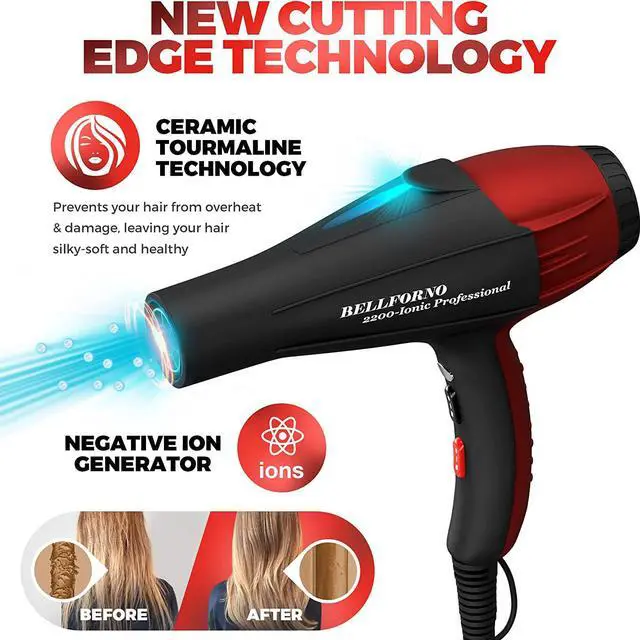 Alt view image 5 of 7 - Professional Ionic Salon Hair Dryer, 2200 Watt Powerful AC Motor Ceramic Tourmaline Ion Blow Dryer, Quiet Hair Dryers with Diffuser & 2 Concentrator Nozzle Attachments Black/Red