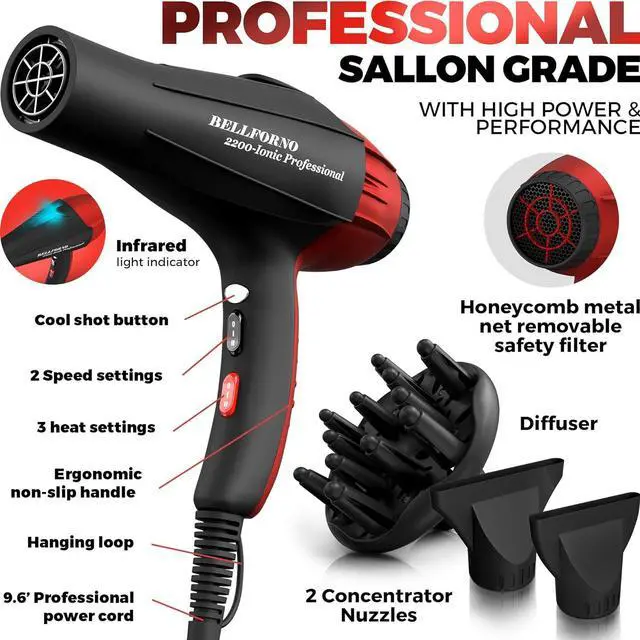Alt view image 4 of 7 - Professional Ionic Salon Hair Dryer, 2200 Watt Powerful AC Motor Ceramic Tourmaline Ion Blow Dryer, Quiet Hair Dryers with Diffuser & 2 Concentrator Nozzle Attachments Black/Red