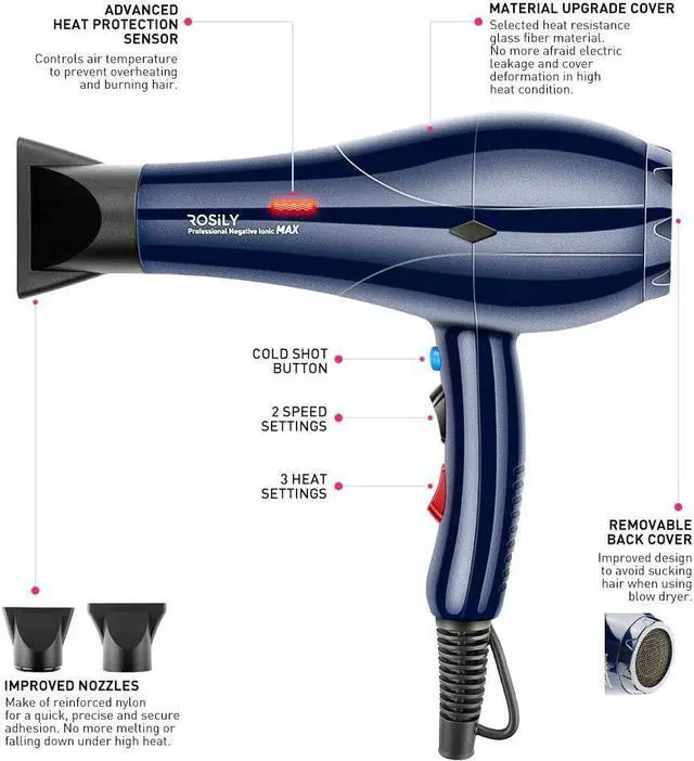Alt view image 5 of 6 - ROSILY Professional 2200W Ionic Ceramic Hair Dryer | Fast Drying Salon Quality Blow Dryer with Nozzle Attachments for Smooth Shine and Silky Hair | Extra Long Cord and Faster Drying Time