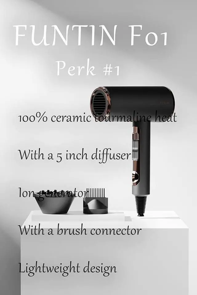 Alt view image 2 of 6 - Funtin Hair Dryer, Blow Dryer with Diffuser Brush Comb for Women 4C Thick Curly Hair 1800w-Professional Black
