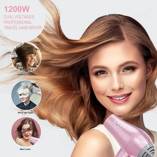 Alt view image 6 of 6 - Dan Technology Travel Hair Dryer,dual voltage hair dryer,mini blow dryer with Concentrator,small hair dryer with diffuser,European Hair Dryer with European Plug,pink blow dryer for Women