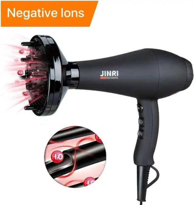 Alt view image 4 of 7 - JINRI Infrared Professional Salon Hair Dryer Ionic Hair Dryer with Diffuser & Concentrator Attachments for Curly Hair, Black (Large)