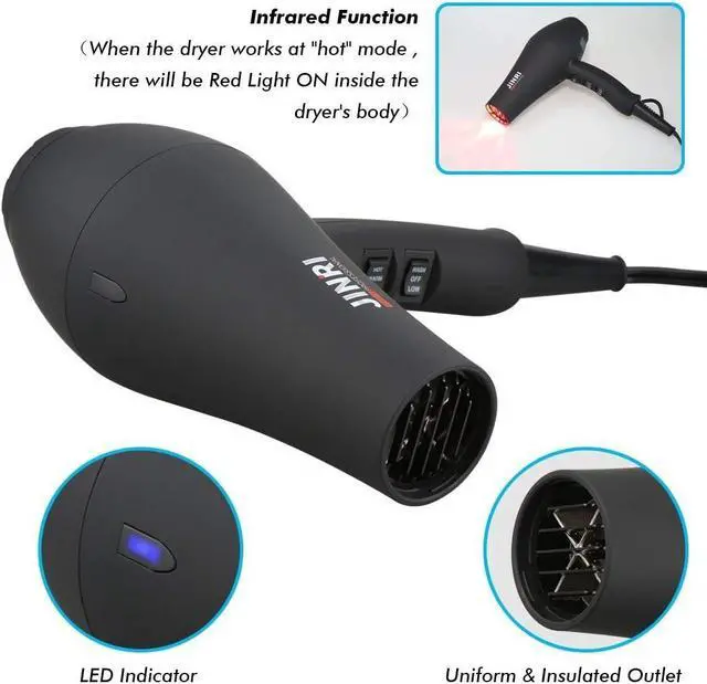 Alt view image 5 of 7 - JINRI Infrared Professional Salon Hair Dryer Ionic Hair Dryer with Diffuser & Concentrator Attachments for Curly Hair, Black (Large)