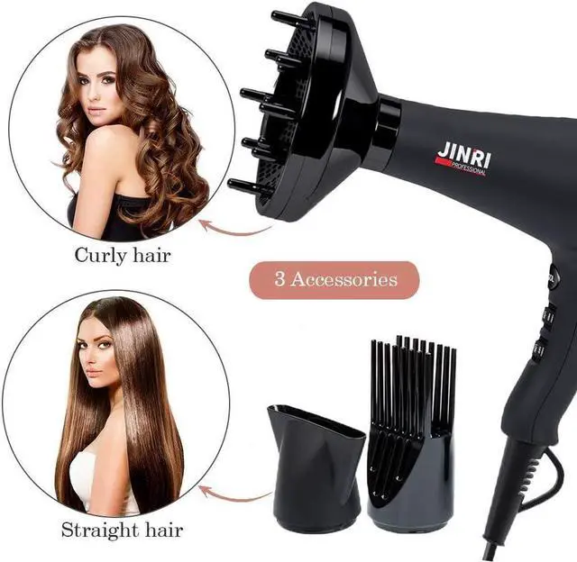 Alt view image 3 of 7 - JINRI Infrared Professional Salon Hair Dryer Ionic Hair Dryer with Diffuser & Concentrator Attachments for Curly Hair, Black (Large)
