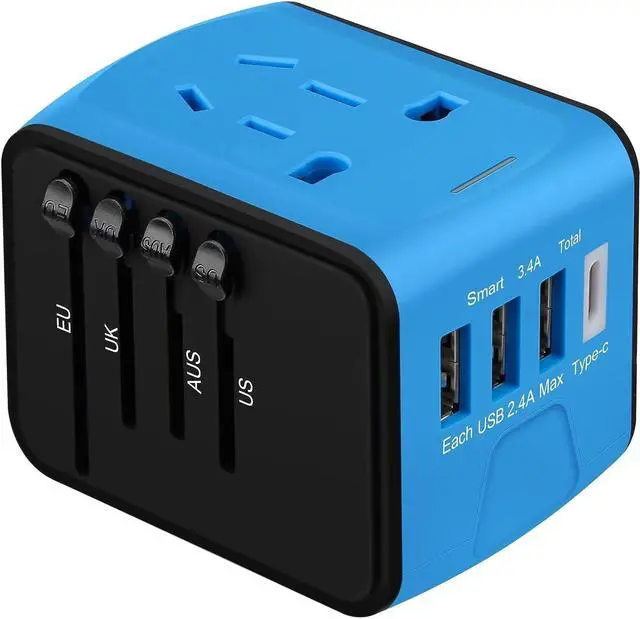 Main image of Universal International Travel Power Adapter, All in One Wall Charger with High Speed 2.4A 3xUSB, 3.0A Type-C, European Adapter, Worldwide AC Outlet Plugs for UK, EU, AU, Asia (Blue)
