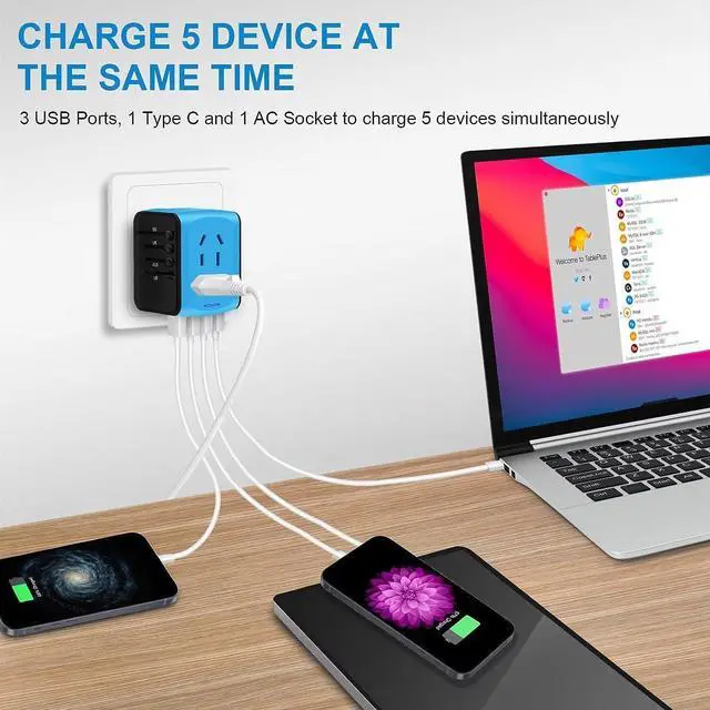 Alt view image 2 of 7 - Universal International Travel Power Adapter, All in One Wall Charger with High Speed 2.4A 3xUSB, 3.0A Type-C, European Adapter, Worldwide AC Outlet Plugs for UK, EU, AU, Asia (Blue)