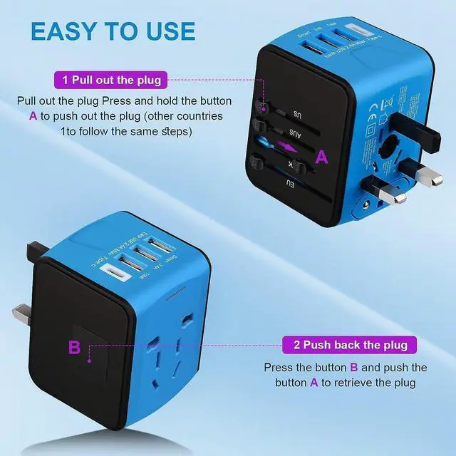 Alt view image 3 of 7 - Universal International Travel Power Adapter, All in One Wall Charger with High Speed 2.4A 3xUSB, 3.0A Type-C, European Adapter, Worldwide AC Outlet Plugs for UK, EU, AU, Asia (Blue)