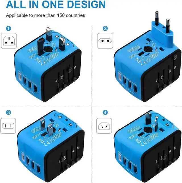 Alt view image 4 of 7 - Universal International Travel Power Adapter, All in One Wall Charger with High Speed 2.4A 3xUSB, 3.0A Type-C, European Adapter, Worldwide AC Outlet Plugs for UK, EU, AU, Asia (Blue)