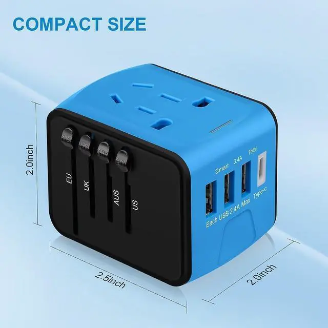 Alt view image 6 of 7 - Universal International Travel Power Adapter, All in One Wall Charger with High Speed 2.4A 3xUSB, 3.0A Type-C, European Adapter, Worldwide AC Outlet Plugs for UK, EU, AU, Asia (Blue)