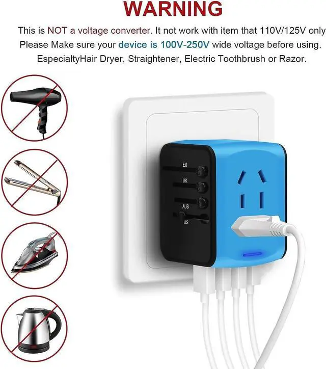 Alt view image 7 of 7 - Universal International Travel Power Adapter, All in One Wall Charger with High Speed 2.4A 3xUSB, 3.0A Type-C, European Adapter, Worldwide AC Outlet Plugs for UK, EU, AU, Asia (Blue)