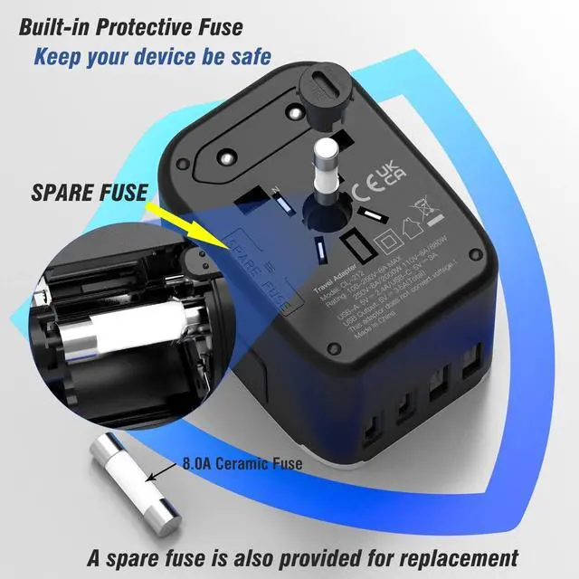 Alt view image 5 of 7 - RXSQUL Universal International Power Travel Plug Adapter, 5 in 1 European Travel Plug Adapter W/ 3.5A 2xUSB-A and 2xUSB C Wall Charger and Worldwide AC Outlet for Europe USA UK AUS Asia-Black