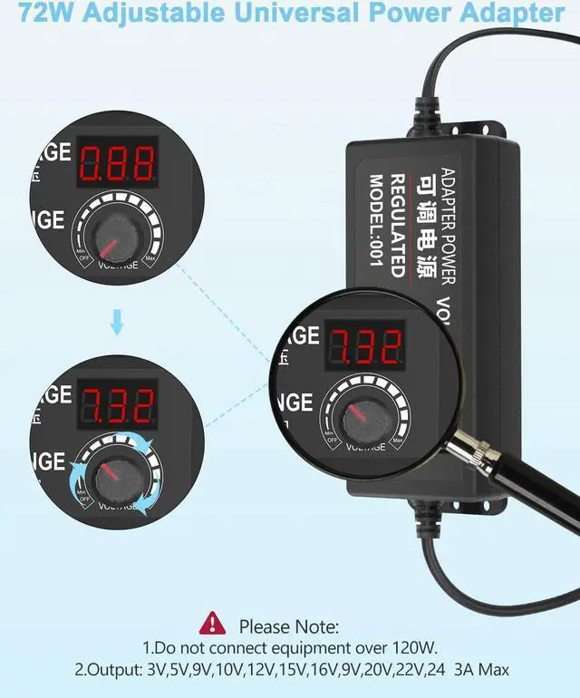 Alt view image 3 of 6 - Aclorol Universal AC Adapter 3V-24V 3A 72W Adjustable Power Supply DC 3V 5V 6V 9V 12V 24V 100-240V AC/DC Converter Various Switching with Polarity Converter & 14 Tips for 12V 5V LED Pixels Lights