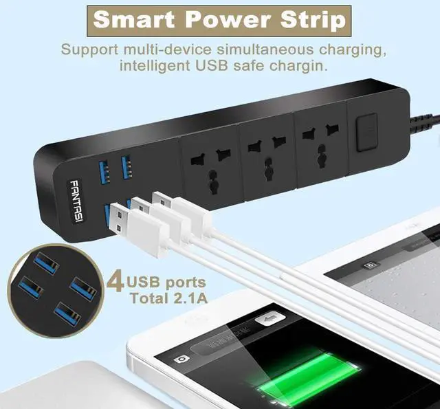 Alt view image 3 of 6 - Universal Power Strip with USB Outlets 100-250V 10A 2500W Power Socket with 4 USB Charging Ports (5V 2.1A) Black for Home Office Smartphone Tablets Appliances