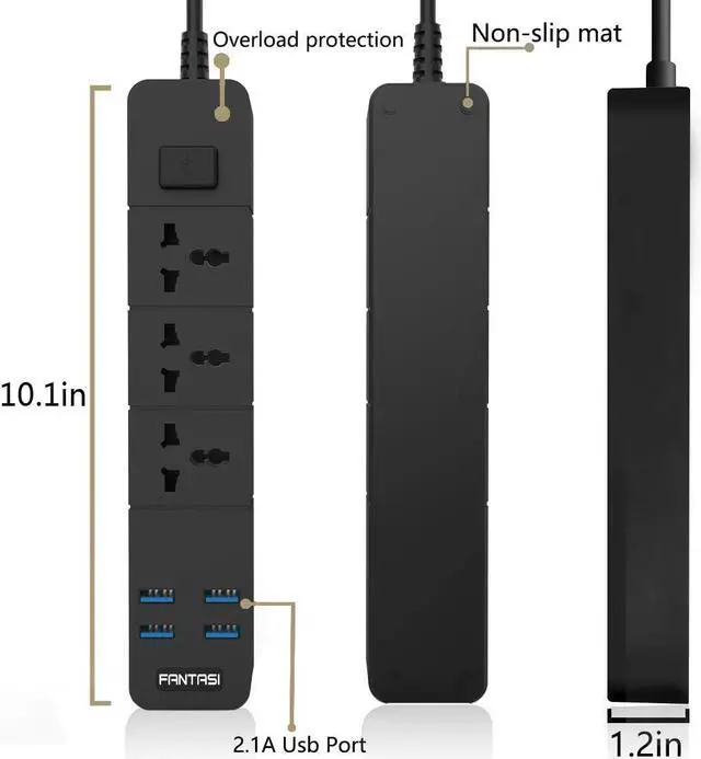 Alt view image 6 of 6 - Universal Power Strip with USB Outlets 100-250V 10A 2500W Power Socket with 4 USB Charging Ports (5V 2.1A) Black for Home Office Smartphone Tablets Appliances