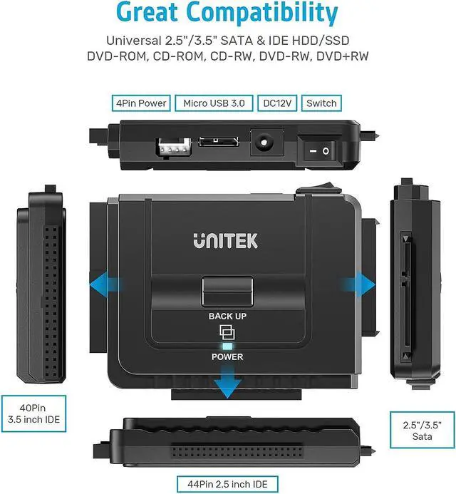 Alt view image 3 of 6 - Unitek USB 3.0 to IDE and SATA Converter External Hard Drive Adapter Kit for Universal 2.5/3.5 HDD/SSD Hard Drive Disk, One Touch Backup Function and Restore Software, Included 12V/2A Power Adapter