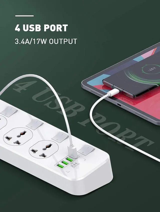 Alt view image 2 of 7 - MAXBROTHERS Multi Power Bar, Power Strip with USB Ports, 4 Universal Socket, Surge Protector, 4 Quick USB (5V 3.4A 17W), Independent Switch, 6.5ft Power Cord, Child Safe Door