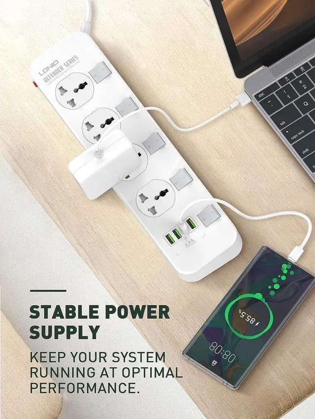 Alt view image 6 of 7 - MAXBROTHERS Multi Power Bar, Power Strip with USB Ports, 4 Universal Socket, Surge Protector, 4 Quick USB (5V 3.4A 17W), Independent Switch, 6.5ft Power Cord, Child Safe Door