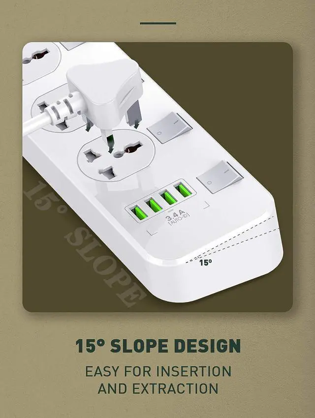 Alt view image 7 of 7 - MAXBROTHERS Multi Power Bar, Power Strip with USB Ports, 4 Universal Socket, Surge Protector, 4 Quick USB (5V 3.4A 17W), Independent Switch, 6.5ft Power Cord, Child Safe Door