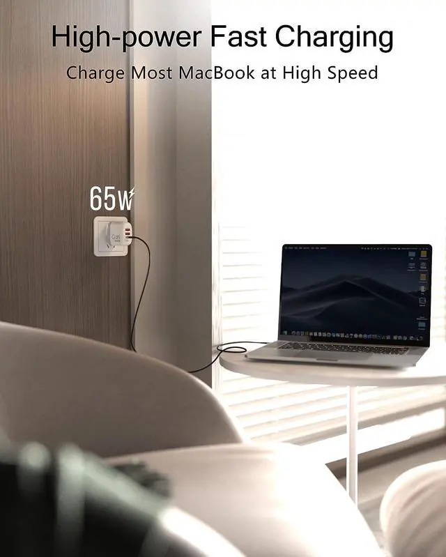 Alt view image 3 of 7 - USB C Charger, MANTO 65W 3-in-1 GaN USB C Fast Charger with PD & QC3.0, USB Travel Power Adapter with UK US EU Plug for Laptops, MacBook (MacBook Pro/MacBook Air), iPad, iPhone, Galaxy, and More