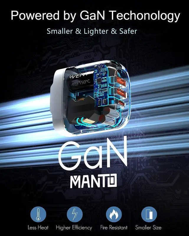 Alt view image 6 of 7 - USB C Charger, MANTO 65W 3-in-1 GaN USB C Fast Charger with PD & QC3.0, USB Travel Power Adapter with UK US EU Plug for Laptops, MacBook (MacBook Pro/MacBook Air), iPad, iPhone, Galaxy, and More