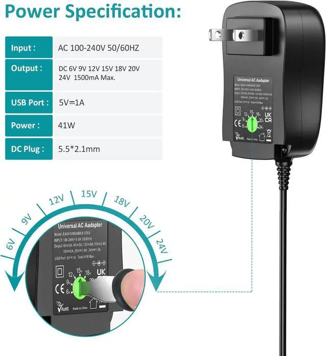 Alt view image 2 of 7 - Basicvolt Universal 41W Power Supply Cord Replacement AC/DC Adapter for 6V 9V 12V 15V 18V 20V 24V Household Electronics and LED Strip Lights,1500mA Max.