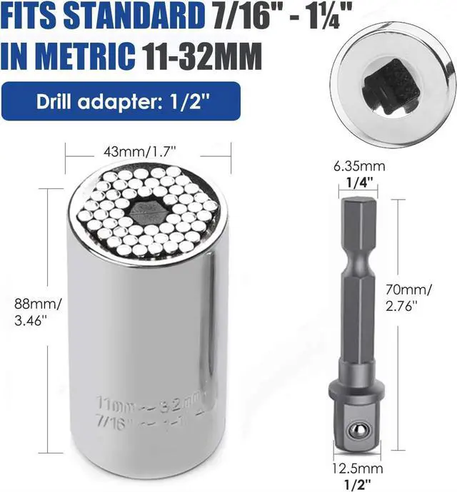 Alt view image 3 of 7 - URGENEX Universal Socket Wrench Set (11-32mm 7-19mm) Professional Sockets Tools Multi-function Wrench Repair Kit with Power Drill & Ratchet Wrench Adapter Chrome Vanadium Steel (4PCS)