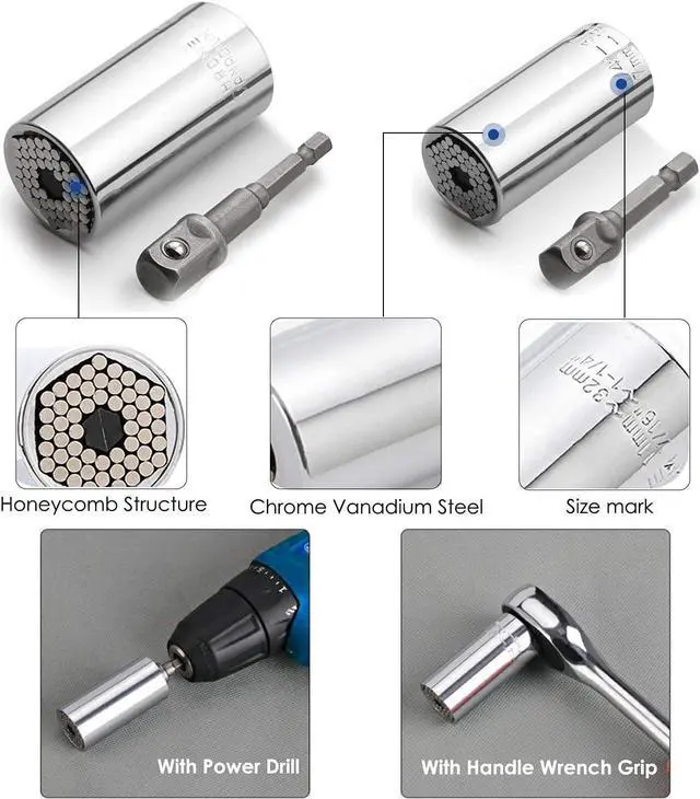 Alt view image 4 of 7 - URGENEX Universal Socket Wrench Set (11-32mm 7-19mm) Professional Sockets Tools Multi-function Wrench Repair Kit with Power Drill & Ratchet Wrench Adapter Chrome Vanadium Steel (4PCS)