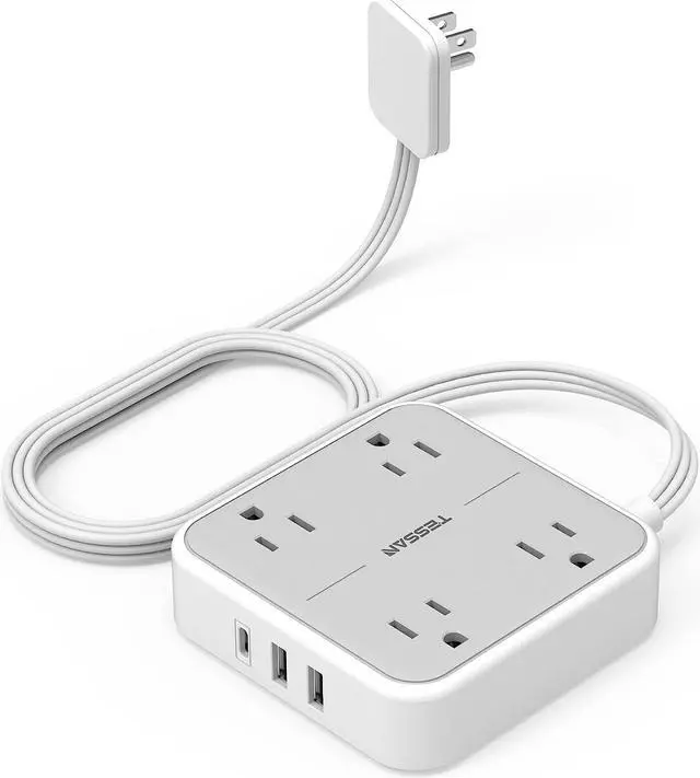 Main image of Flat Plug Power Bar with USB C, TESSAN Ultra-Thin Extension Cord Indoor with 4 Multi Plug Outlet Extenders 3 USB Ports (1 Type C), 5 Feet Slim Desk Power Strip for Cruise Ship Dorm Room Essentials
