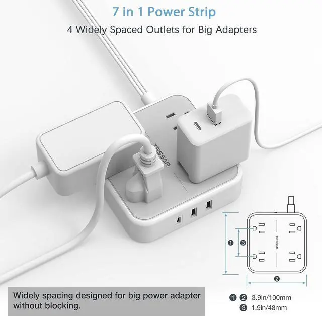 Alt view image 3 of 6 - Flat Plug Power Bar with USB C, TESSAN Ultra-Thin Extension Cord Indoor with 4 Multi Plug Outlet Extenders 3 USB Ports (1 Type C), 5 Feet Slim Desk Power Strip for Cruise Ship Dorm Room Essentials