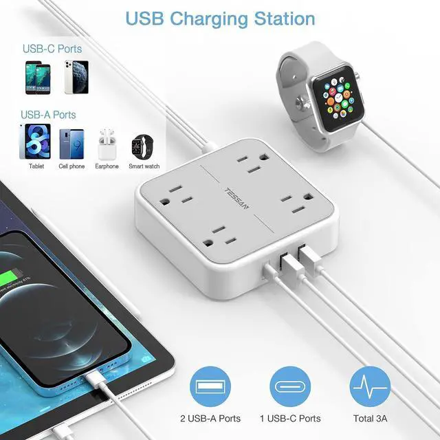 Alt view image 4 of 6 - Flat Plug Power Bar with USB C, TESSAN Ultra-Thin Extension Cord Indoor with 4 Multi Plug Outlet Extenders 3 USB Ports (1 Type C), 5 Feet Slim Desk Power Strip for Cruise Ship Dorm Room Essentials