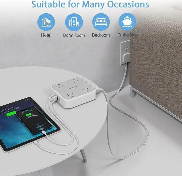 Alt view image 5 of 6 - Flat Plug Power Bar with USB C, TESSAN Ultra-Thin Extension Cord Indoor with 4 Multi Plug Outlet Extenders 3 USB Ports (1 Type C), 5 Feet Slim Desk Power Strip for Cruise Ship Dorm Room Essentials