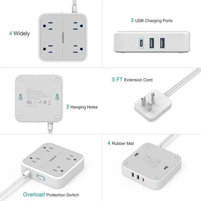 Alt view image 6 of 6 - Flat Plug Power Bar with USB C, TESSAN Ultra-Thin Extension Cord Indoor with 4 Multi Plug Outlet Extenders 3 USB Ports (1 Type C), 5 Feet Slim Desk Power Strip for Cruise Ship Dorm Room Essentials