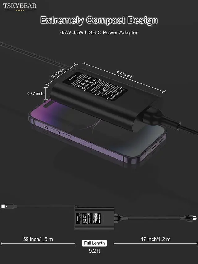 Alt view image 3 of 7 - 65W 45Watt for  Laptop Charger AC Adapter Replacement-for  USB C Charger Latitude 5420 5520 5320 7420 5430 7390 7320 7400 XPS 13 Chromebook 3100 Computer Type C Fast Charging Power Supply Cord