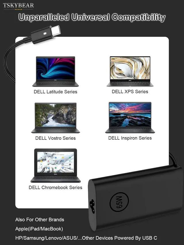 Alt view image 6 of 7 - 65W 45Watt for  Laptop Charger AC Adapter Replacement-for  USB C Charger Latitude 5420 5520 5320 7420 5430 7390 7320 7400 XPS 13 Chromebook 3100 Computer Type C Fast Charging Power Supply Cord