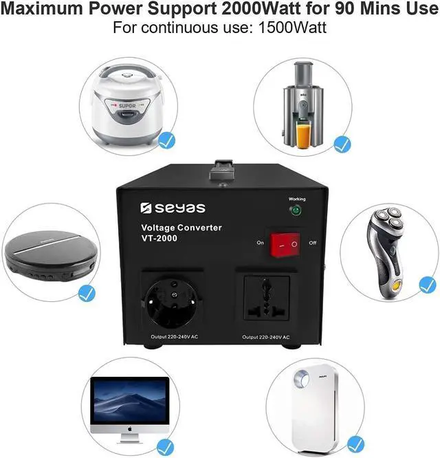 Alt view image 3 of 7 - SEYAS 2000W Voltage Transformer Converter, Convert from 110-120 to 220-240 Volts Step up Transformer, Transformer Coil Overheat Protection, Short Circuit Protection, Black