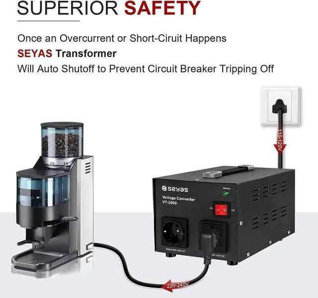 Alt view image 6 of 7 - SEYAS 2000W Voltage Transformer Converter, Convert from 110-120 to 220-240 Volts Step up Transformer, Transformer Coil Overheat Protection, Short Circuit Protection, Black