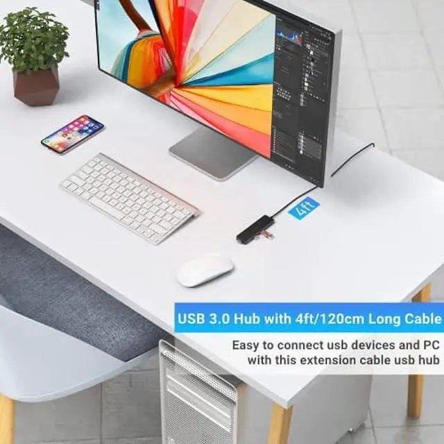Alt view image 3 of 6 - Aceele USB Hub 3.0 Splitter with 4ft Extension Long Cable Cord, 4-Port Extra Slim Multiport Expander for Desktop Computer PC, PS4, Laptop, Chromebook, Surface Pro 3, iMac, Flash Drive Data and More