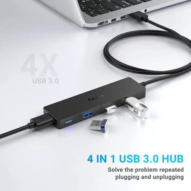Alt view image 2 of 6 - Aceele USB Hub 3.0 Splitter with 4ft Extension Long Cable Cord, 4-Port Extra Slim Multiport Expander for Desktop Computer PC, PS4, Laptop, Chromebook, Surface Pro 3, iMac, Flash Drive Data and More