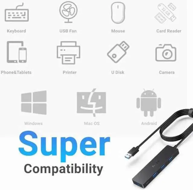 Alt view image 6 of 6 - Aceele USB Hub 3.0 Splitter with 4ft Extension Long Cable Cord, 4-Port Extra Slim Multiport Expander for Desktop Computer PC, PS4, Laptop, Chromebook, Surface Pro 3, iMac, Flash Drive Data and More