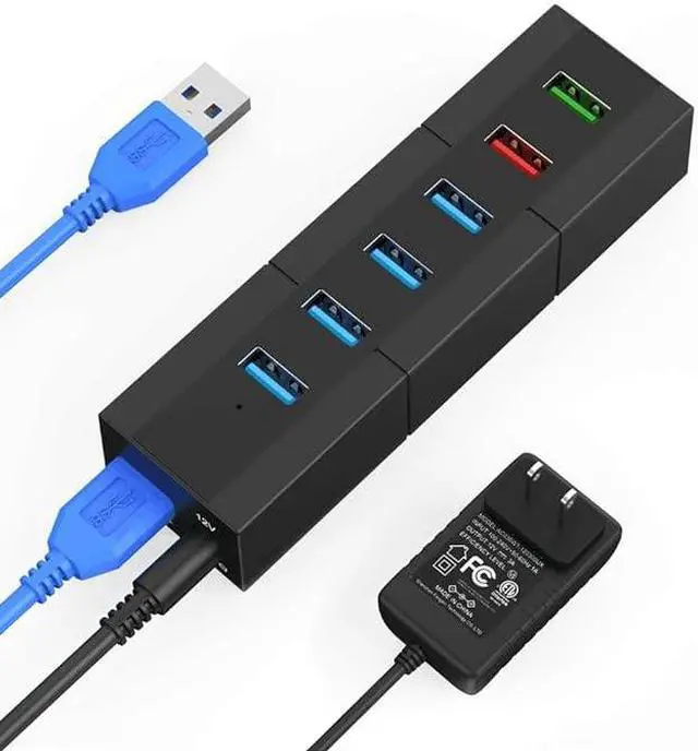 Main image of Powered USB Hub, K&ZZ 6 Ports USB Hub 3.0 with 4 Faster Data Transfer Ports + 2 Smart Charging Ports, USB Hub Powered for Mac, PC, Laptop