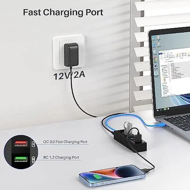 Alt view image 4 of 6 - Powered USB Hub, K&ZZ 6 Ports USB Hub 3.0 with 4 Faster Data Transfer Ports + 2 Smart Charging Ports, USB Hub Powered for Mac, PC, Laptop